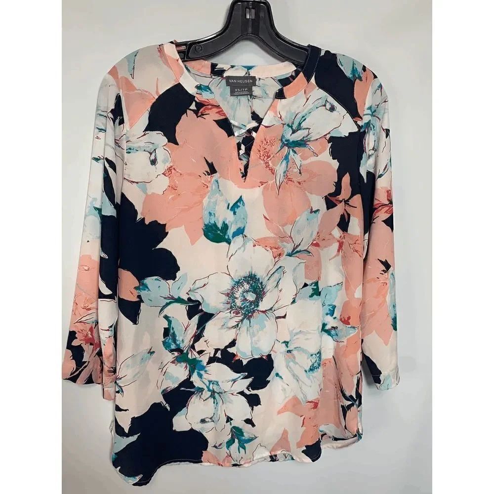 Van Heusen Women's Floral 3/4 Sleeve Criss-Cross V-Neck Blouse Multi-Color Sz XS